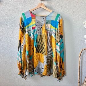 Anthropologie Blank London Miranda Peasant Blouse Size 3X Yellow Abstract Print